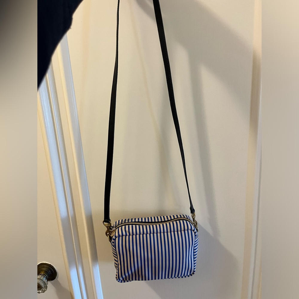 Clare V Midi Sac - blue and white stripe with black strap
